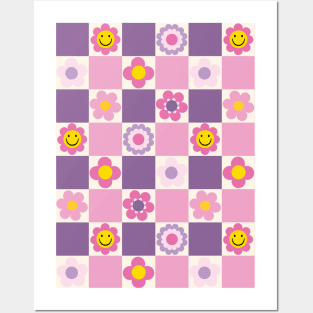 Retro Checkered Floral Pattern Pink and Purple Posters and Art